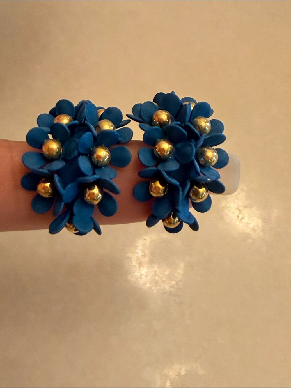 Source Unknown Blue Floral Hoop Earrings with Gold Accents